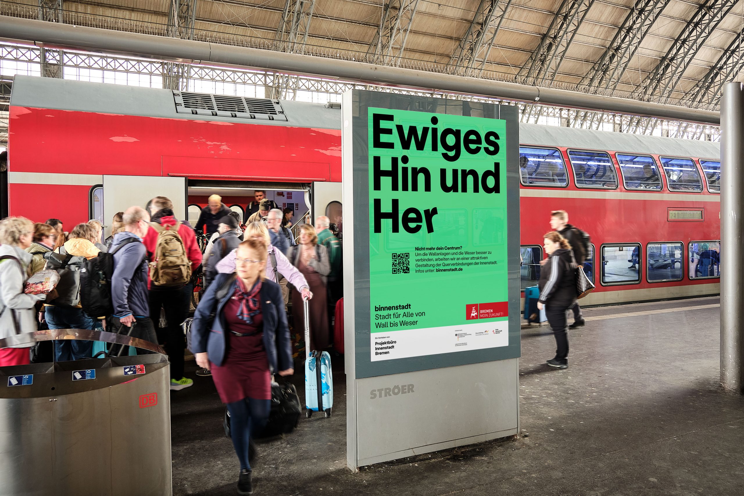 Kampagnenmotiv binnenstadt als Plakat im Bahnhof