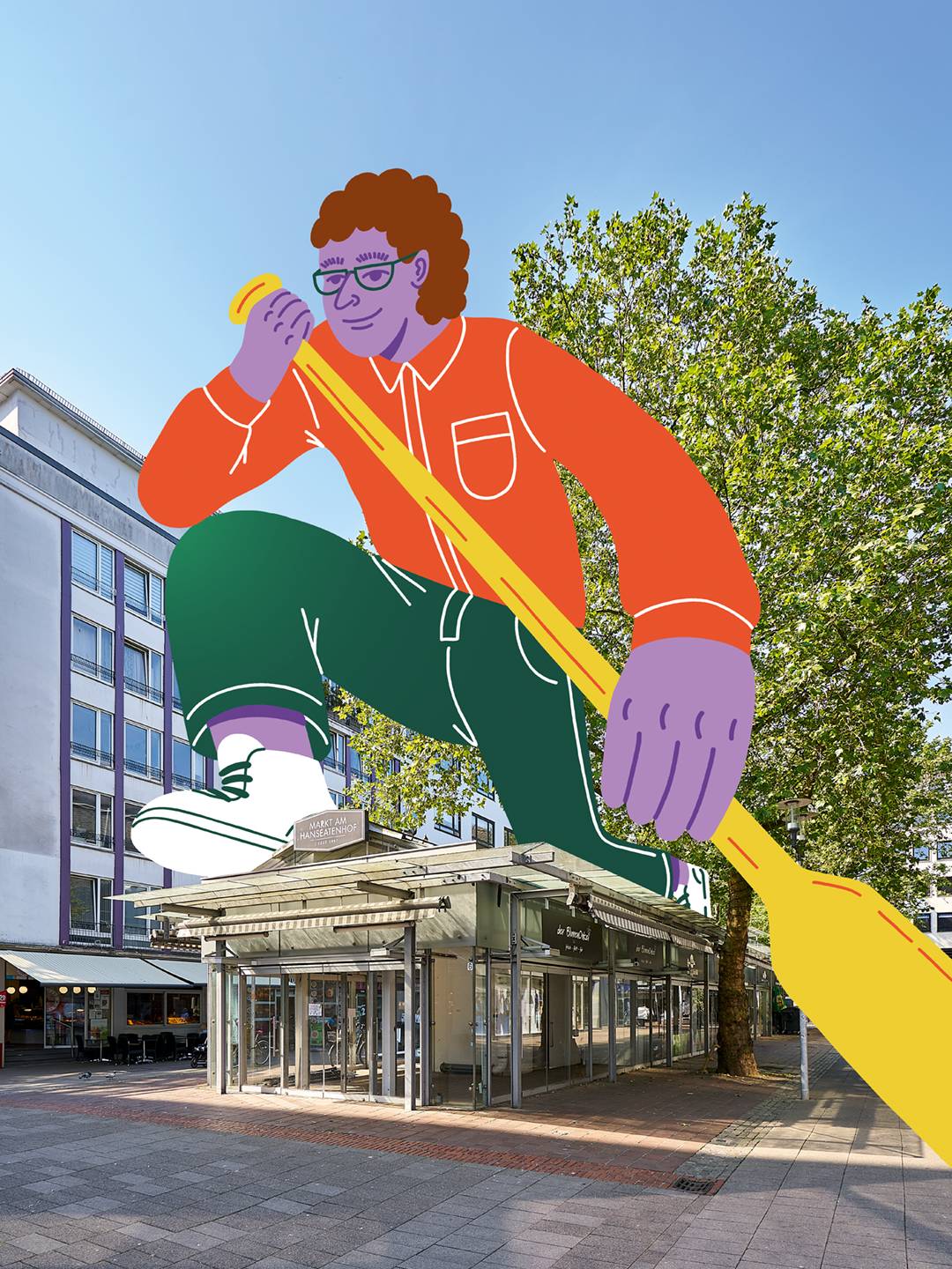 Ein Bild aus der Bremer Innenstadt mit einer Zeichnung einer übergroßen Person die auf einem Gebäude steht und rudert